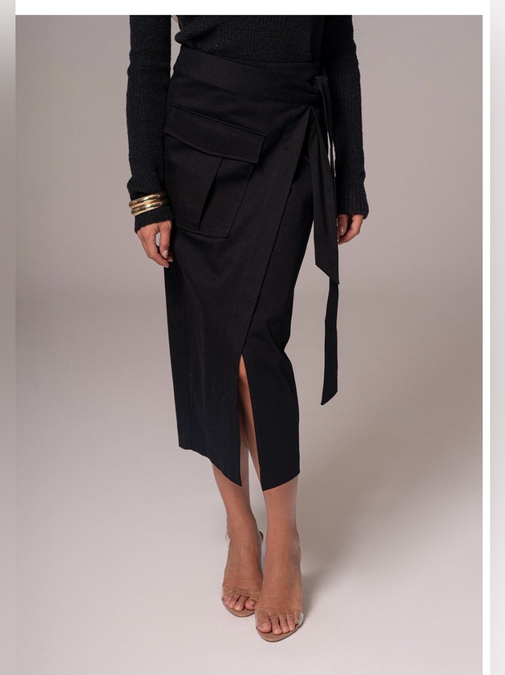 INC International Concepts Black Wrap Midi Skirt with Utility Pocket